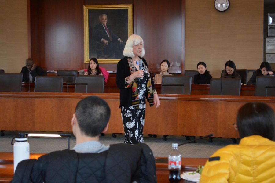 Attorney and activist Mia Yamamoto speaks to an audience at Furman Hall. Yamamoto is a Japanese-American transgender woman, and she led a conversation about the 2017 U.S. ban on transgender military service members. (Photo by Manasa Gudavalli)