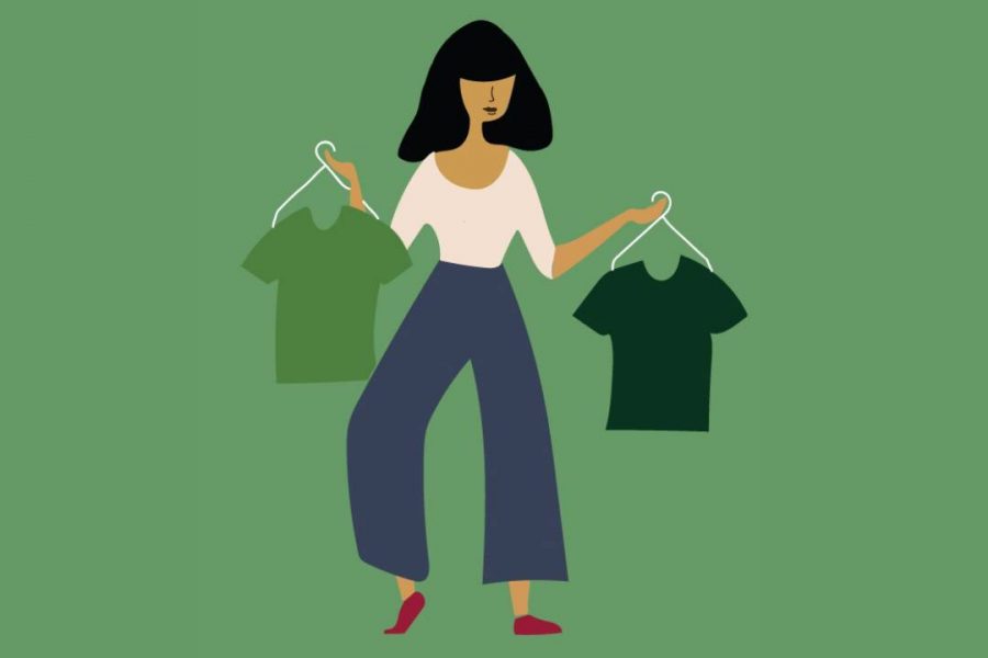A shopper who is aware of the environmental impacts of fast fashion chooses between two more sustainable options. As fast fashion companies are all about keeping up with the latest styles, they strive to generate products as fast as possible, leading to unethical practices and poor quality clothing. (Illustration by Li-Chun Pan)