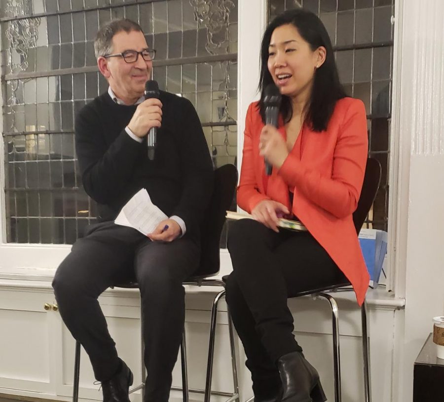 Poet Tina Chang discusses her newest book with Matt Brogan, executive director of the Poetry Society of America, at the Lillian Vernon Creative Writers House. Chang’s collection of poems, titled “Hybrida,” grapples with issues of identity and acceptance. (Photo by Dani Herrera)