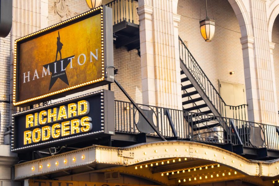 The Richard Rodgers Theater on Broadway hosts the award-winning musical Hamilton created by Lin-Manuel Miranda. Since a Broadway usher has reported testing positive for COVID-19, Broadway is now shutting down.(Staff Photo by Jake Capriotti)