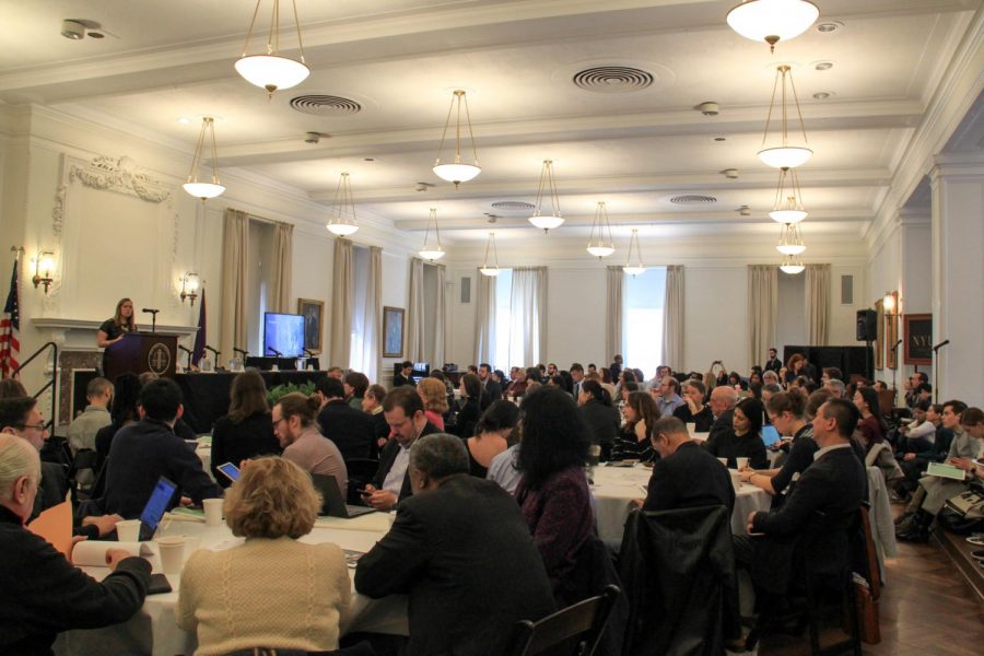 The Greenberg Lounge in Vanderbilt Hall was packed full by attendees listening to keynote speaker Kathryn Harrison from the DeepTrust Alliance. The NYU Journal of Legislation and Public Policy as well as the Center for Cybersecurity hosted the conference at NYU Law about the problem of deepfakes and the law. (Staff Photo by Alexandra Chan)