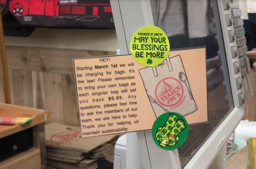 Since March 1, Grocery stores such as Trader Joe’s began charging a small fee for each bag used. The plastic bag ban is the latest policy in the city’s efforts to reduce single-use waste. (Photo by Mia Karle)