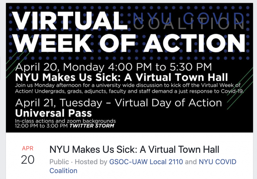 NYU’s Covid Coalition and GSOC-UAW Local 2110 hosted a town hall Monday afternoon. The town hall encouraged students, faculty, and staff to share their experiences as the first step of many during their week of virtual action. (Image via Facebook GSOC-UAW Local 2110 and NYU Covid Coalition)