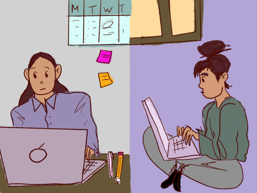 With social distancing measures put into place, many students face the challenge of adapting to remote work for internships as well as classes. While some continue with similar tasks, others have had to pick up new skills. (Staff Illustration by Charlie Dodge)