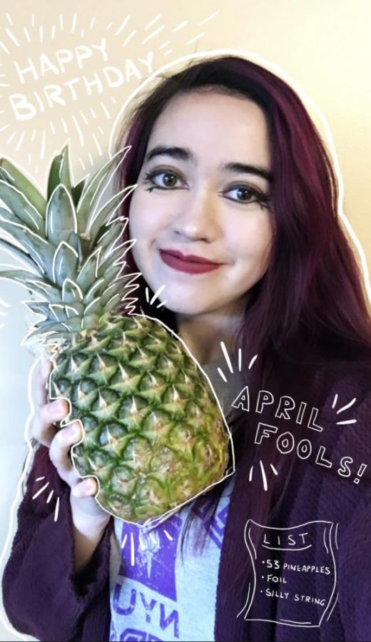 Victoria Provost smiles as she holds a pineapple, reminded of a birthday prank she played on her friend in freshman year. (Photo courtesy of Victoria Provost, Illustrations by Celia Tewey)