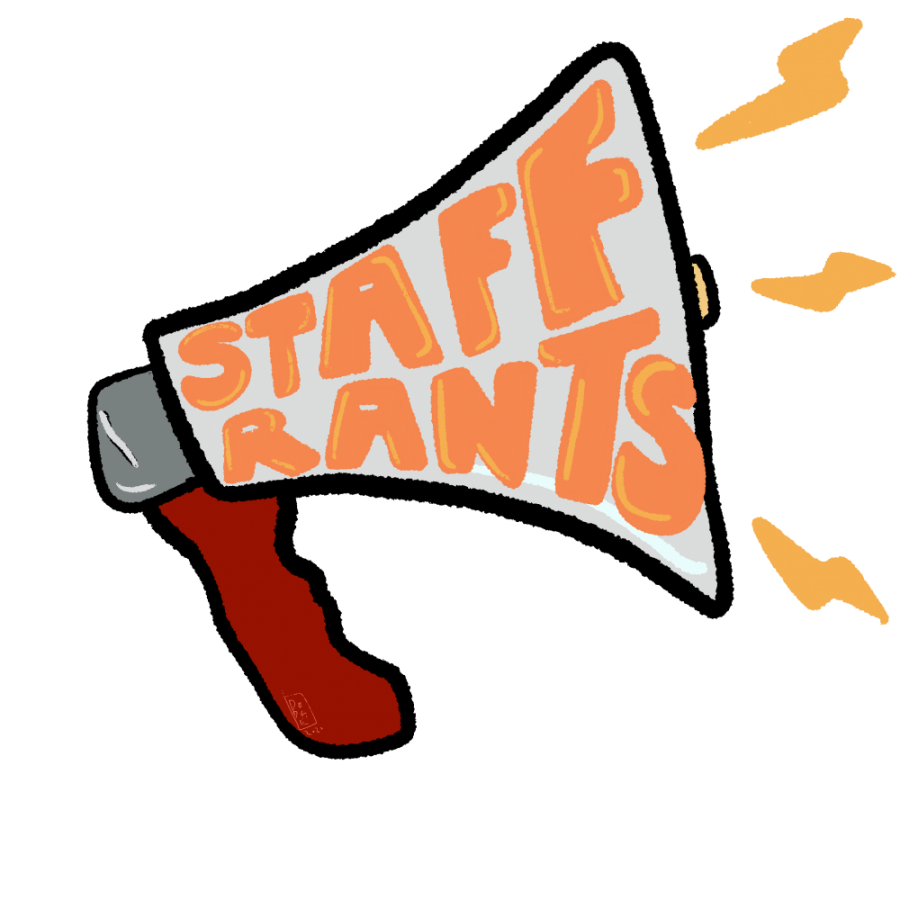 An illustration of a megaphone with a red handle. Written in orange on the megaphone are the words “Staff Rants.”
