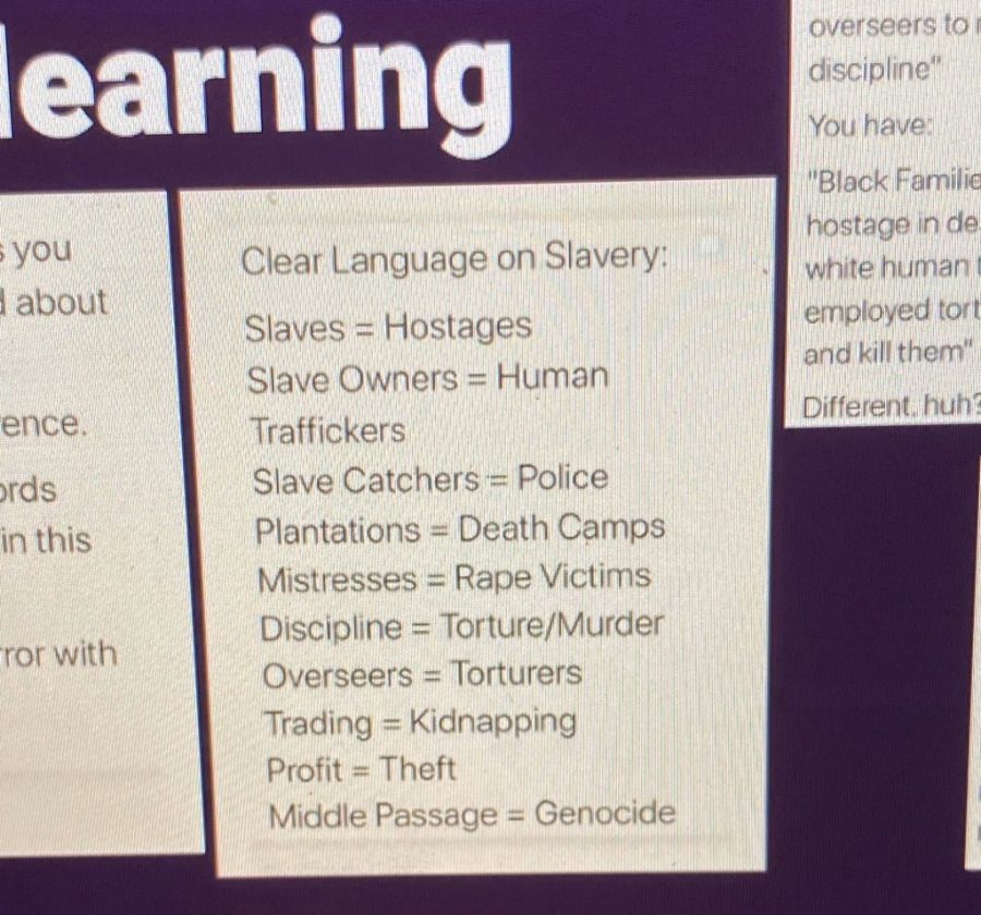 A screenshot shared over Twitter titled: clear language on slavery resources provided by nyu residential life. The information was shared during a RA training meeting. (Photo by Sean Nesmith)