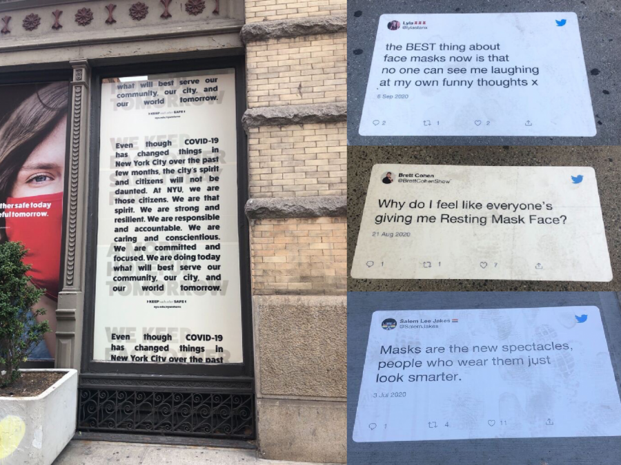 Twitter has placed hundreds of mask-related tweets on sidewalks and buildings. The campaign is in part designed to promote wearing masks in public. (Staff Photos by Trace Miller)