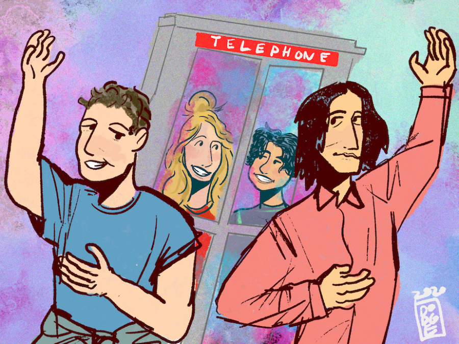 Bill and Ted seek to return peace and good vibes to the future with the help of their daughters. This film marks the third collaboration between Alex Winter, Keanu Reeves, Chris Matheson, and Ed Solomon. (Staff Illustration by Charlie Dodge)