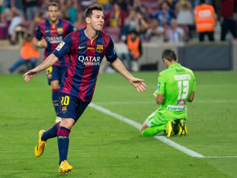Lionel Messi celebrating a goal against Granada CF for Barcelona back in October of 2014. Now, Messi and the clubs current relationship remains uncertain after the players request to leave was denied. (Image via Wikimedia, from L.F.Salas)