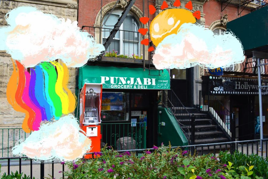 Punjabi Deli is nestled beneath a flower-lined sidewalk, with a brightly colored ATM marking its entrance on Sept. 18, 2020. (Staff photo by Manasa Gudavalli)