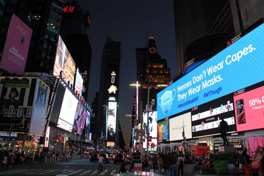 Times Square is a popular New York tourist hotspot with flashing ads and billboards on every building. It was the site of multiple arrests of protesters, including NYU students, during an anti-ICE protest last weekend. (Staff Photo by Alexandra Chan)