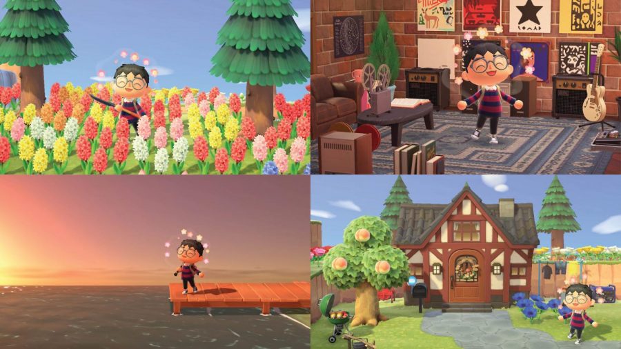 "Animal Crossing: New Horizons", released on March 20, 2020, is a life simulation game played in real-time on the Nintendo Switch. “New Horizons” provided its users a virtual safe haven during the first months of the pandemic. (Staff Photos by Nathan Chizen, Staff Illustration by Manasa Gudavalli)