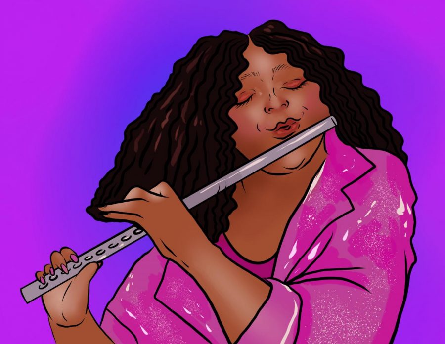 Lizzo is a female singer, rapper, songwriter, and flutist, who highlights intersectional feminism, fights for the equality of all women, and specifically speaks to women of color. She promotes self-love and lifts up her audiences and encourages them to empower others in their lives. (Staff Illustration by Susan Behrends Valenzuela)