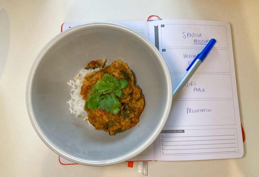 Dining Editor Gabby made some dal last week. Midterms are a stressful time for students, but meals should not be skipped. (Staff Photo by Gabby Lozano)