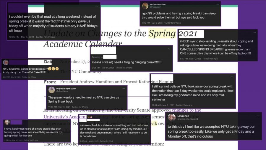 NYU+administration+announced+the+cancellation+of+the+2021+spring+break+to+mitigate+the+spread+of+COVID-19.+Many+students+are+expressing+their+concerns+about+the+lack+of+a+substantial+break+given+during+the+spring+semester.+%28Staff+Illustration+by+Manasa+Gudavalli+and+Alexandra+Chan%29