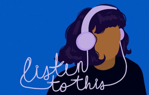 An illustration of a women with dark purple hair wearing lavender headphones. Her headphone cords form the text listen to this. She is in front of a blue background.