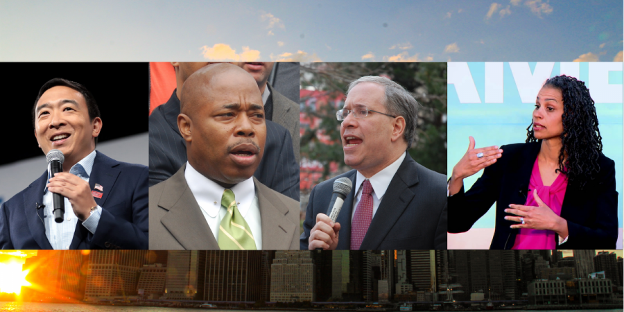 From left to right, Andrew Yang, Eric Adams, Scott Stringer and Maya Wiley are all candidates in the competitive New Yorks mayoral race. According to a recent Data for Progress poll, Yang, Adams, Stringer and Wiley are the top four candidates in the Democratic mayoral primary. (Images via Wikimedia Commons, Staff Photo and Illustration by Alexandra Chan)