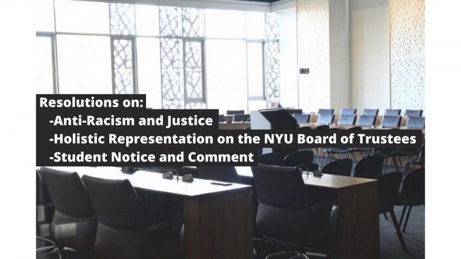 The NYU Student Government Assembly passed three resolutions. The three resolutions are on Anti-Racism and Justice, Holistic Representation on the NYU Board of Trustees, and Student Notice and Comment, which will be brought before the University Senate on April 22. (Photo by Jorene He, Staff Illustration by Manasa Gudavalli)