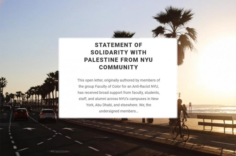 More than 400 members of the NYU community signed an open letter, titled “Statement of Solidarity with Palestine from NYU Community,” pledging non-cooperation with NYU’s study away campus in Tel Aviv. This letter has been signed by individuals and groups from across NYU’s schools and campuses. (Photo by Julia McNeill and Staff Illustration by Manasa Gudavalli)