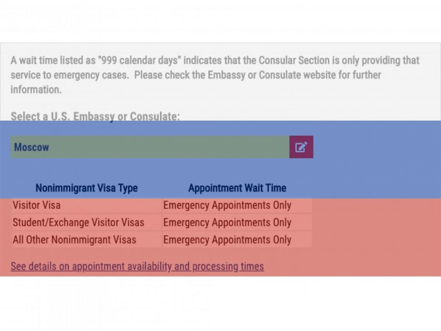 A screenshot from the US State Department’s Visa Appointment Wait Times page reveals the difficulty of obtaining visas of all kinds for individuals from Russia. Russian international students have to go through unusually extreme measures to study in the United States this year. (Staff Illustration by Manasa Gudavalli)