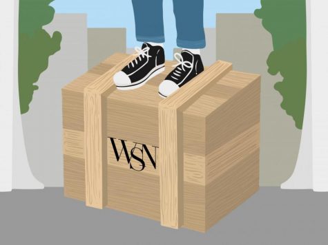 An illustration of a wooden box in a park. A pair of legs with blue jeans and black Converse sneakers stands on top of the box. The box reads “WSN.”