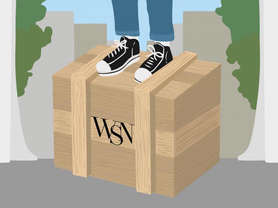 An illustration of a wooden box in a park. A pair of legs with blue jeans and black Converse sneakers stands on top of the box. The box reads “WSN.”