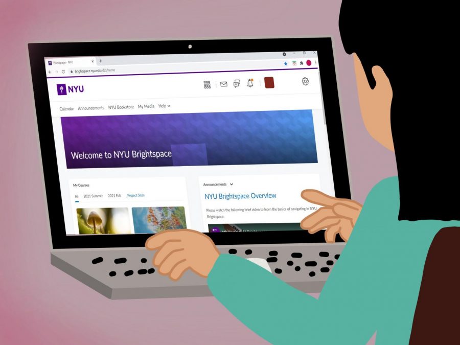NYU has adopted the new platform Brightspace for students to use in order to view their syllabi and assignments. Most classes have already moved from the previous platform of NYU Classes to Brightspace, and NYU is planning to complete the transition by December. (Staff Illustration by Manasa Gudavalli)