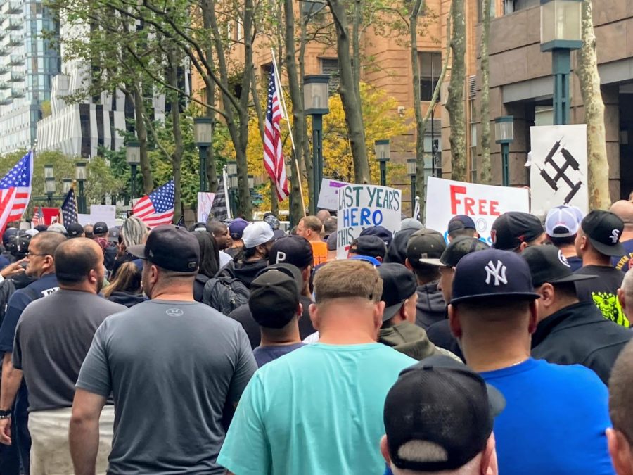 New York City’s vaccine mandate for municipal workers led to a protest march on Monday. Paramedics, police officers, firefighters and other municipal workers voiced their opposition to the mandate through signs, speeches and chants. (Staff Photo by Ryan Kawahara)