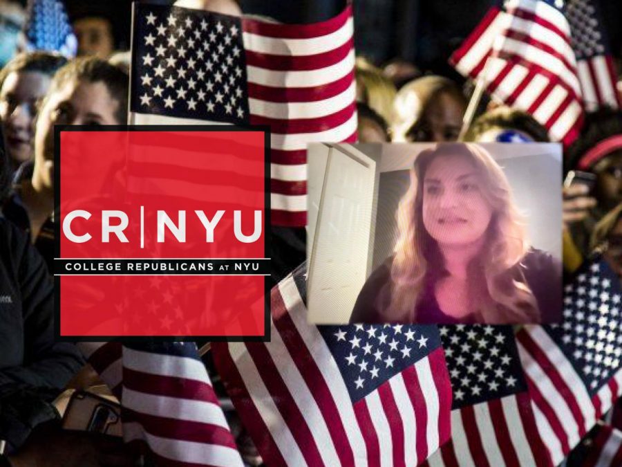 New+York+state+RNC+director+Katie+Bloodgood+spoke+about+Republican+students%E2%80%99+experience+at+NYU%2C+a+university+with+a+generally+liberal+community.+During+the+Oct.+13+event%2C+she+addressed+controversial+questions+and+said+that+Republicans+are+frequently+misunderstood.+%28Photo+by+Anna+Letson%2C+Staff+Illustration+by+Manasa+Gudavalli%29