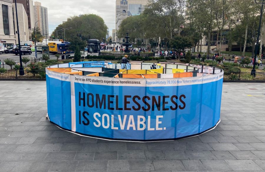 RxHome set up installations in Columbus Park on Oct. 29 and in Astor Place Plaza from Nov. 3 to Nov. 7. RxHome seeks to end homelessness by drawing NYC voters’ attention to the current system that deprives homeless individuals of benefits and rights. (Image courtesy of RxHome)