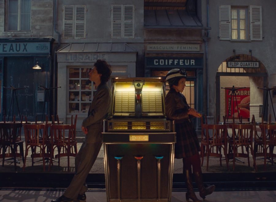 “The French Dispatch,” a 2021 film written, directed and produced by Wes Anderson, explores the separate storylines of three past articles being republished in honor of the dead editor of The French Dispatch Magazine. The image shows a scene between Zeffirelli (Timothée Chalamet) and Juliette (Lyna Khoudri). (Image courtesy of Searchlight Pictures)