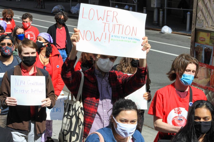 Students with NYU YDSA protest for lower tuition on April 30. The organizations spring 2021 tuition strike was canceled due to insufficient mobilization and concerns over de-enrollment. (Staff Photo by Alexandra Chan)
