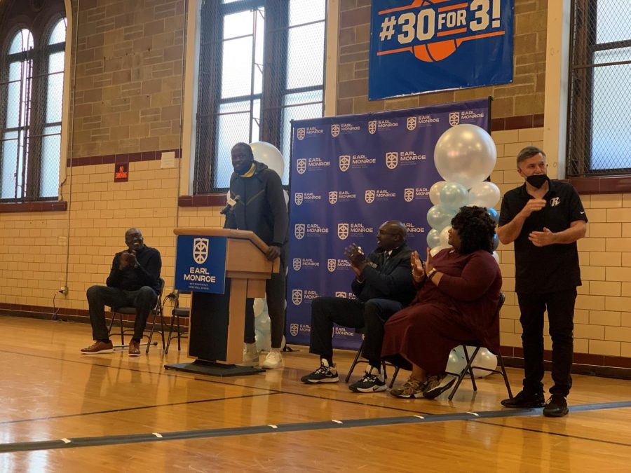 New York Knicks forward Julius Randle spoke at the Earl Monroe New Renaissance Basketball school gym in the Bronx to celebrate his #30 for 3! campaign. Through his partnership with the school, Randle plans to donate $500 for every three-pointer he makes in the season, which will assist the school in developing its academic programs. (Staff Photo by Mitesh Shrestha)