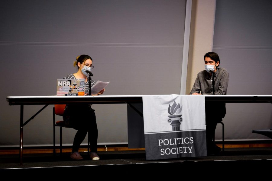 College Republicans president Gianna Guzzo (left), a Steinhardt senior, debated with College Democrats president Elina Rodriguez (right), a CAS sophomore, during the NYU Interclub Politics Society Debate on Dec. 1. (Staff Photo by Kristian Burt)