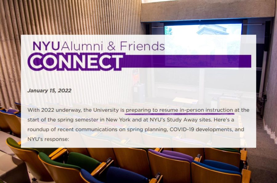 An+NYU+alumni+newsletter+suggests+that+NYU+will+resume+in-person+instruction+for+the+spring+2022+semester.+The+university+has+yet+to+officially+announce+its+plans.+%28Staff+Photo+and+Illustration+by+Manasa+Gudavalli%29