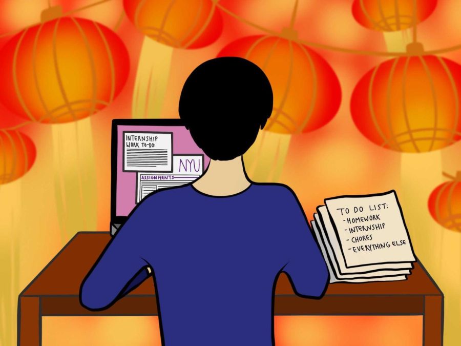 NYU students celebrate Lunar New Year despite the pandemic and classes. (Staff Illustration by Susan Behrends Valenzuela)