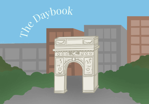An illustration of the Washington Square Arch. Behind the arch sits gray and brown alternating high-rises. On the top right are the words “The Daybook” in an arched shape.
