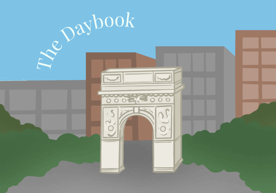 An+illustration+of+the+Washington+Square+Arch.+Behind+the+arch+sits+gray+and+brown+alternating+high-rises.+On+the+top+right+are+the+words+%E2%80%9CThe+Daybook%E2%80%9D+in+an+arched+shape.