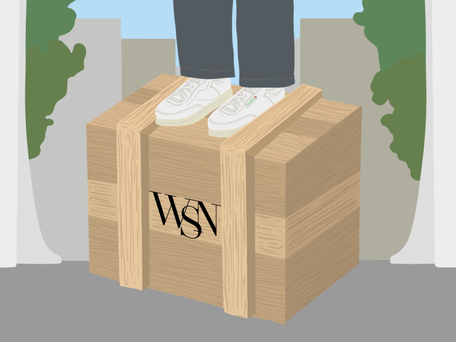 An illustration of a wooden box in a park. A pair of legs with gray pants and white sneakers stands on top of the box. The box reads “WSN.”