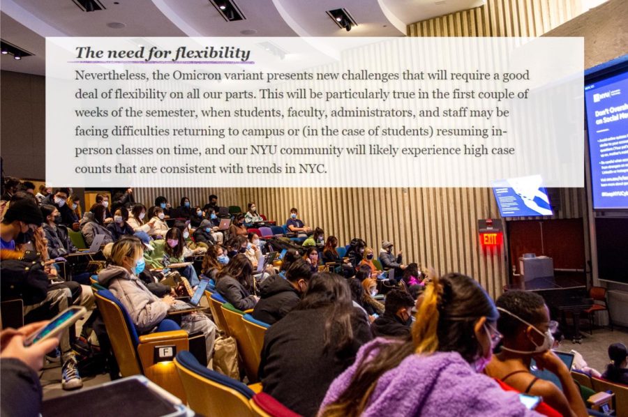 NYU+announced+in+a+Jan.+12+email+that+the+spring+2022+semester+will+be+held+in+person.+Senior+leadership+acknowledged+that+flexibility+regarding+in-person+classes+would+only+be+offered+temporarily+at+the+start+of+the+semester.+%28Staff+Photo+and+Illustration+by+Manasa+Gudavalli%29