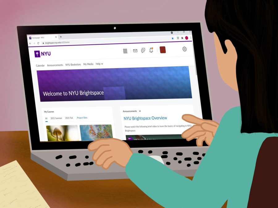 An NYU student is logged on to the school's online learning platform, Brightspace. Brightspace is the central location for course work when students transition to a remote learning environment. (Staff Illustration by Manasa Gudavalli)