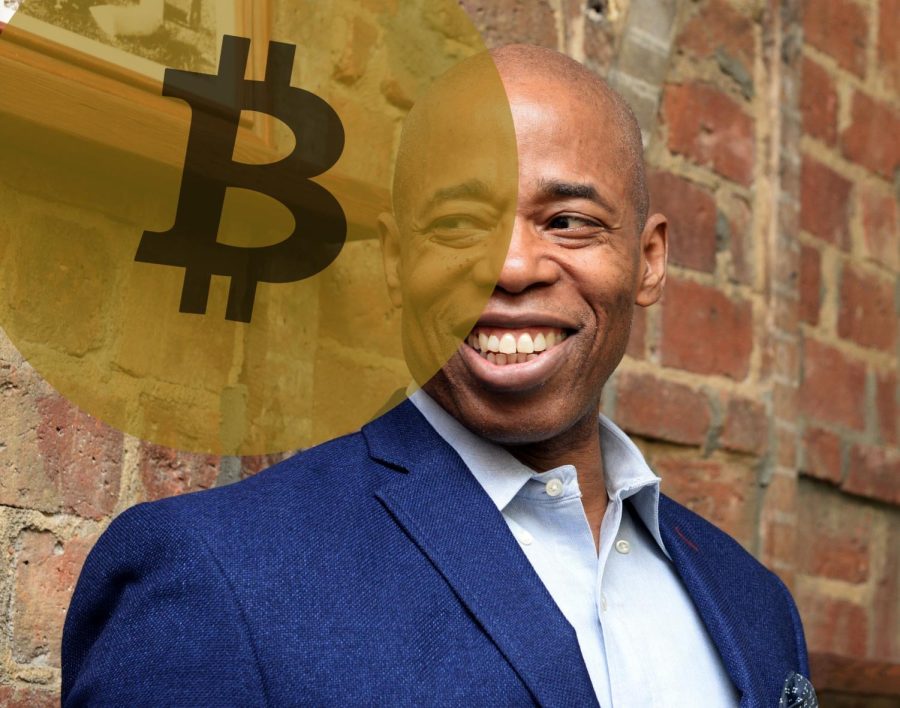 Mayor Eric Adams recently converted his first paycheck to cryptocurrency. He previously declared that he would take his first three paychecks in Bitcoin. (Image via Wikimedia Commons, Staff Illustration by Manasa Gudavalli)