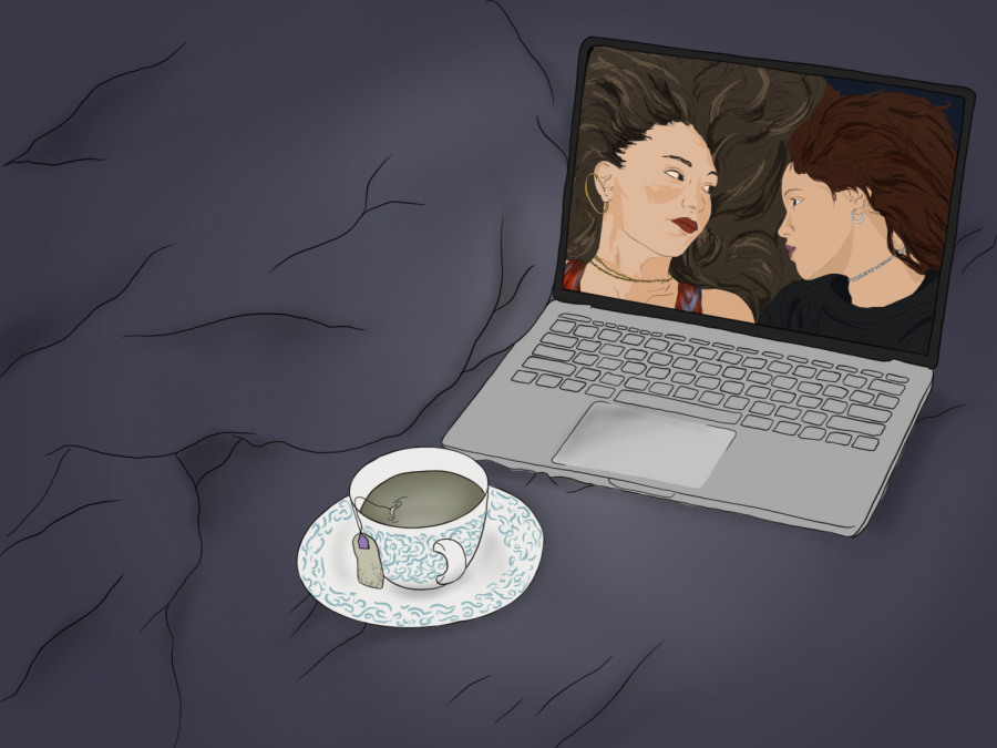 An illustration of a computer on the right of a bed with a blue blanket; the screen displays Jenna Ortega and Maddie Ziegler. In front of the computer is a small teacup.