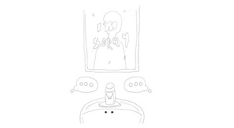 Illustration of pedestal sink and mirror. On the mirror are the words “I’m sorry,” which overlap with an outline of a human.