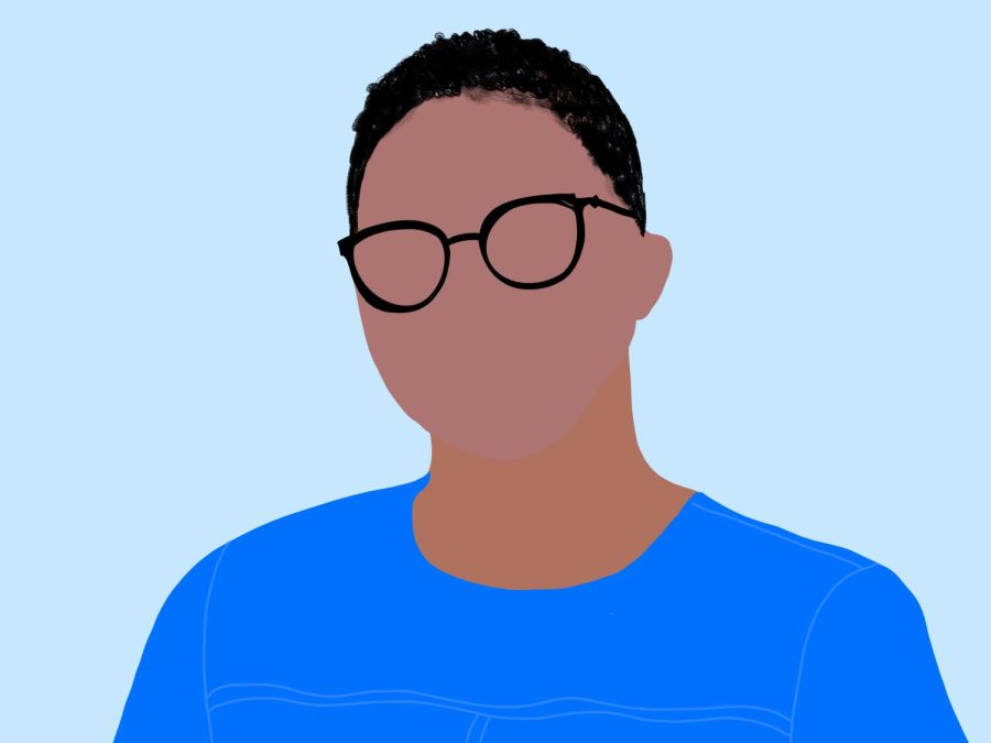 An illustrated headshot of Rhode Island state senator Tiara Mack. She is wearing a royal blue shirt and circular glasses, and stands in front of a light blue background.