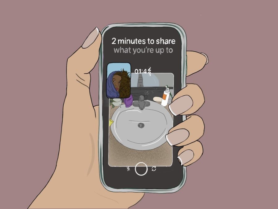 An illustration of a hand holding up an iPhone with a camera app open. The back camera frames a sink and the front camera frames a woman in a blue hood. Above the camera app are the words “2 minutes to share what you’re up to.”