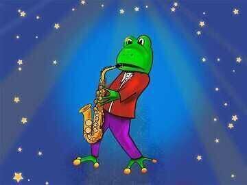 An illustration of a frog wearing a red suit and magenta pants. The frog is playing the saxophone and is on top of a blue background speckled with stars and spotlight rays.