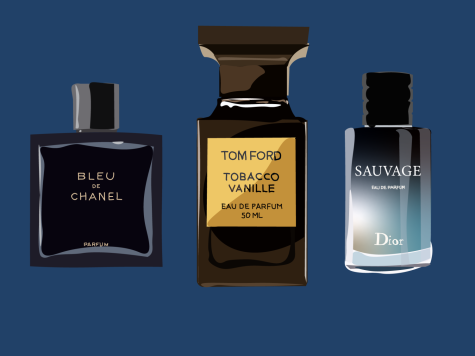 Three bottles of fragrance on a blue background. From left to right: Bleu de Chanel, Tobacco Vanille by Tom Ford and Sauvage by Dior