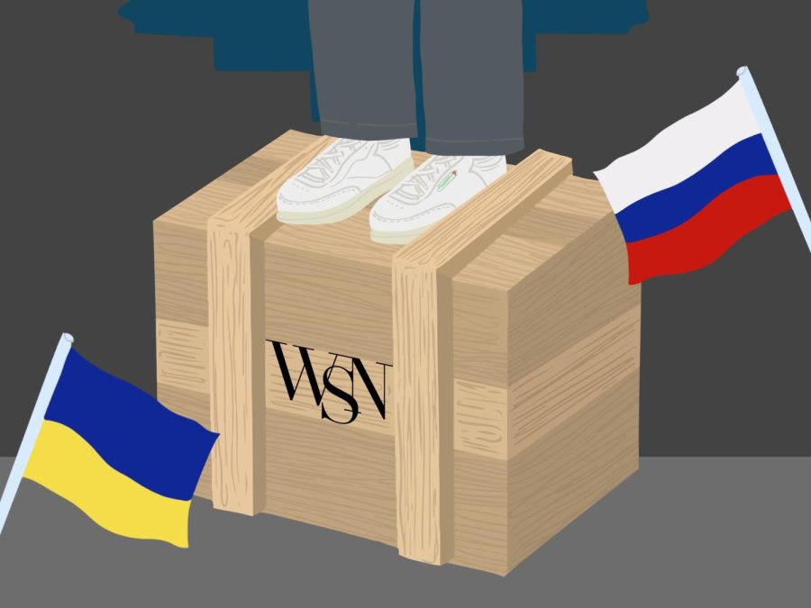 An illustration of a wooden box. A pair of legs with gray pants and white sneakers stands on top of the box. The box reads “WSN.” On the bottom left there is a Ukrainian flag and on the top right, a Russian flag.